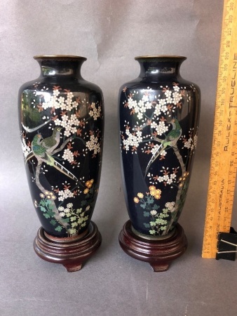 Pair of Vintage Japanese Black Cloisonne Vases Depicting Pheasants in Cherry Blossom on Timber Stands