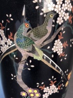 Pair of Vintage Japanese Black Cloisonne Vases Depicting Pheasants in Cherry Blossom on Timber Stands - 5