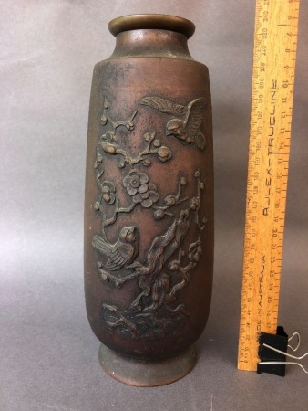Antique Japanese Meiji Period Bronze Vase with 2 Raised Birds and Tree in Blossom