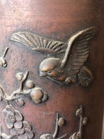 Antique Japanese Meiji Period Bronze Vase with 2 Raised Birds and Tree in Blossom - 6