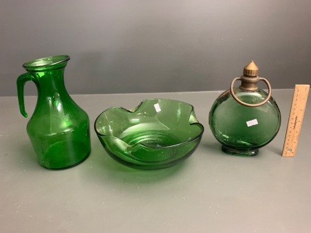 Green Glass Bowl, Jug and Vintage Bottle