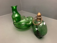 Green Glass Bowl, Jug and Vintage Bottle - 2