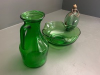 Green Glass Bowl, Jug and Vintage Bottle - 3