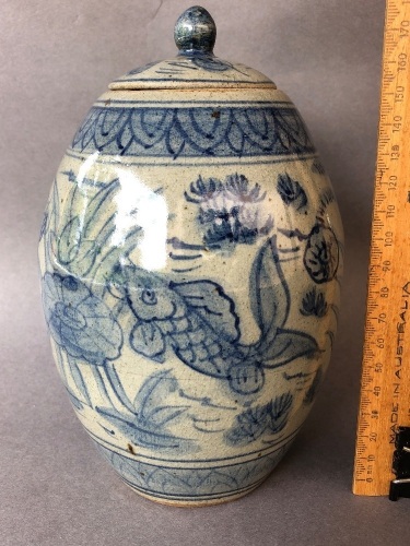 Chinese Glazed Stoneware Jar with Lid Depicting Fish - Signed on Base