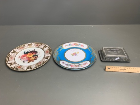 Antique Pewter and Glass Sardine Dish + 2 Tin Plates