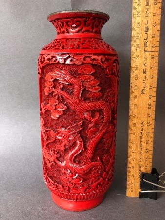 Vintage Intricately Carved Chinese Red Cinnabar Dragon Vase on Timber Stand