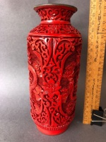 Vintage Intricately Carved Chinese Red Cinnabar Dragon Vase on Timber Stand - 2