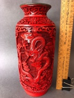 Vintage Intricately Carved Chinese Red Cinnabar Dragon Vase on Timber Stand - 3