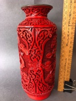 Vintage Intricately Carved Chinese Red Cinnabar Dragon Vase on Timber Stand - 4