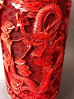 Vintage Intricately Carved Chinese Red Cinnabar Dragon Vase on Timber Stand - 7