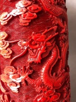 Vintage Intricately Carved Chinese Red Cinnabar Dragon Vase on Timber Stand - 8