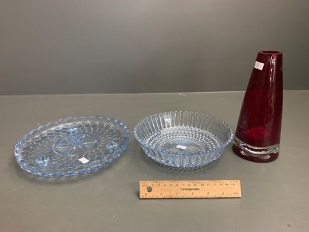 Vintage Pressed Blue Glass Cake Plate & Bowl + Mid Century Ruby Red Vase