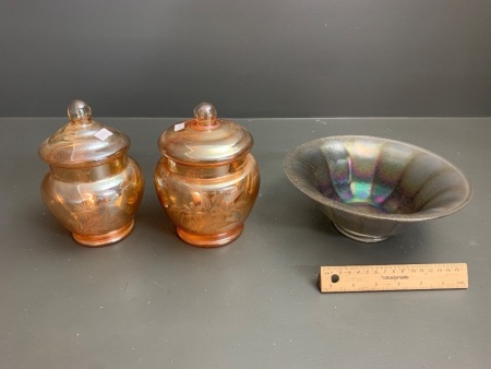 2 Vintage Marigold Carnival Glass Style Bon Bon Jars + Irridescant Bowl