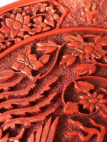 Intricately Carved Chinese Red Cinnabar Plate Depicting Pheonix and Dragon - Stamped/Signed to Base - 7