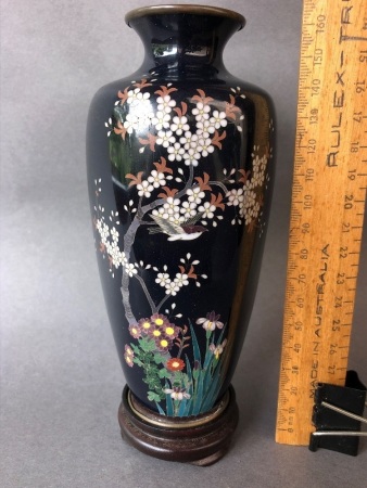 Vintage Japanese Black Cloisonne Hexagonal Vase Depicting Bird and Cherry Blossom on Timber Stand