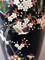 Vintage Japanese Black Cloisonne Hexagonal Vase Depicting Bird and Cherry Blossom on Timber Stand - 5