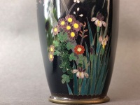 Vintage Japanese Black Cloisonne Hexagonal Vase Depicting Bird and Cherry Blossom on Timber Stand - 6