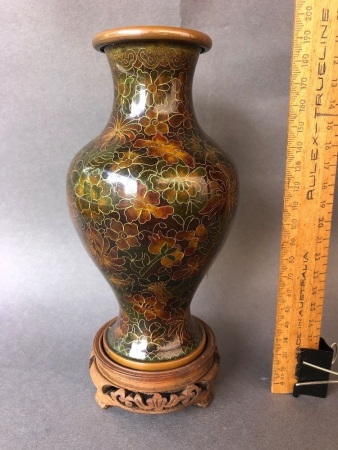Vintage Chinese Copper Cloisonne Vase with Timber Stand