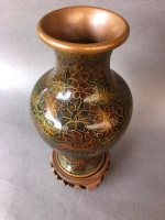 Vintage Chinese Copper Cloisonne Vase with Timber Stand - 7