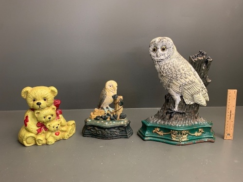 3 x Contemporary Cast Iron Doorstops - 2 Owls - 1 Teddy