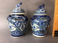 Pair of Late 19thC Qing Dynasty Hand Painted Glazed Temple Jars with Foo Dogs and Embossed Heads