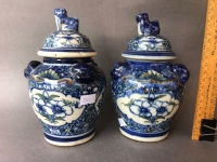 Pair of Late 19thC Qing Dynasty Hand Painted Glazed Temple Jars with Foo Dogs and Embossed Heads - 3