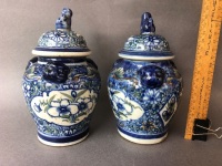 Pair of Late 19thC Qing Dynasty Hand Painted Glazed Temple Jars with Foo Dogs and Embossed Heads - 4