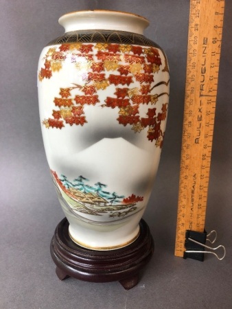 Vintage Japanese Hand Painted Kutani Porcelain Vase on Timber Stand