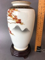 Vintage Japanese Hand Painted Kutani Porcelain Vase on Timber Stand - 2