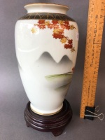 Vintage Japanese Hand Painted Kutani Porcelain Vase on Timber Stand - 3