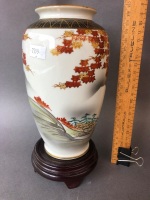 Vintage Japanese Hand Painted Kutani Porcelain Vase on Timber Stand - 4