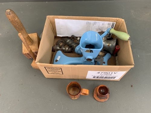 Vintage Enamelled Bench Mincer + Another and 2 Timber Tenderisers