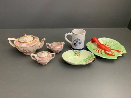 Vintage 3 Piece Sadler Tea Set - Some Crazing - Delft Tankard + Carlton Ware Lobster Plate + Dish