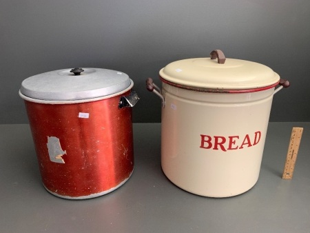 Large Red / Cream Vintage Enamel Bread Bin + Anodised Bread Bin