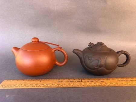 2 Intricate Miniature Chinese Tea Pots - 1 with Moving Dragons Head - 1 Stamped to Base