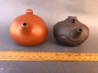 2 Intricate Miniature Chinese Tea Pots - 1 with Moving Dragons Head - 1 Stamped to Base - 2