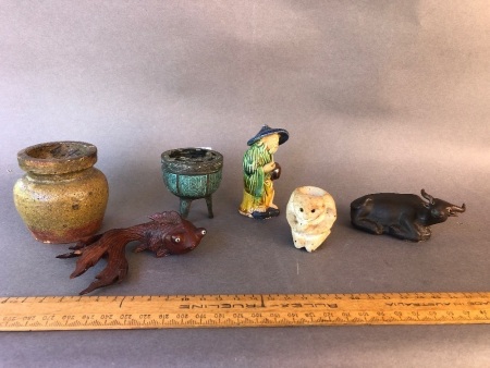 Asstd Lot of Small Chinese / Asian Pieces inc. Stone Pipe Bowl, Animals, Bronze Urn etc