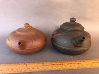 2 Small Chinese Pottery Tea Pots with Motifs - Stamped to Base - 3