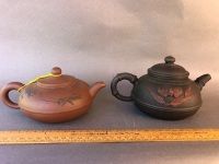 2 Small Chinese Pottery Tea Pots with Motifs - Stamped to Base - 4