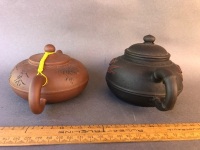 2 Small Chinese Pottery Tea Pots with Motifs - Stamped to Base - 5