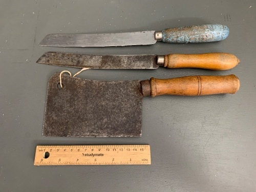 Antique French Meat Cleaver + 2 Bread Knives