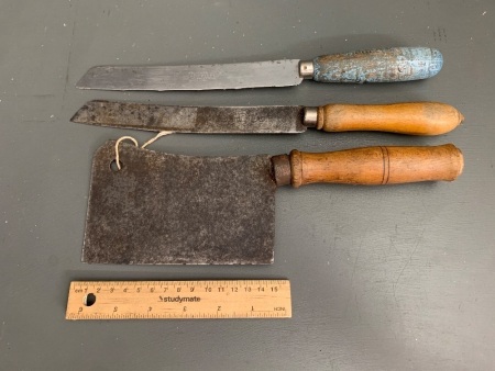 Antique French Meat Cleaver + 2 Bread Knives