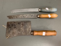Antique French Meat Cleaver + 2 Bread Knives - 2