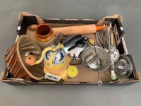 Interesting Asstd Box of Kitchenalia inc. New Coffee Grinder, Glass Squeezer, Hand Wisk, Salt Glase Bunt Mould, Steel & Fork, Mouli etc