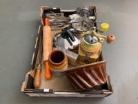 Interesting Asstd Box of Kitchenalia inc. New Coffee Grinder, Glass Squeezer, Hand Wisk, Salt Glase Bunt Mould, Steel & Fork, Mouli etc - 2