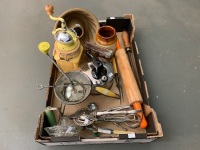 Interesting Asstd Box of Kitchenalia inc. New Coffee Grinder, Glass Squeezer, Hand Wisk, Salt Glase Bunt Mould, Steel & Fork, Mouli etc - 3