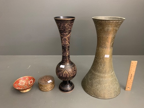 Large Vintage Incised Brass Stand, Tall Vase, Small Pot and Enamelled Dish