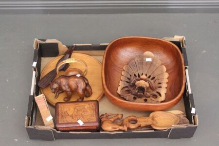 Asstd Lot of Carved Timber Items inc. Animals, Mask, Large Teak Bowl, Jewellery Box Etc