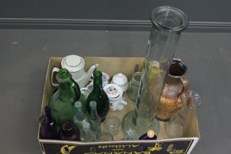 Large Asstd Lot of Glass and Ceramics inc. Old Bottles, W.German Lava Glazed Jug Etc