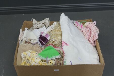 Box Lot of Lace & Linen Doileys, Mats etc